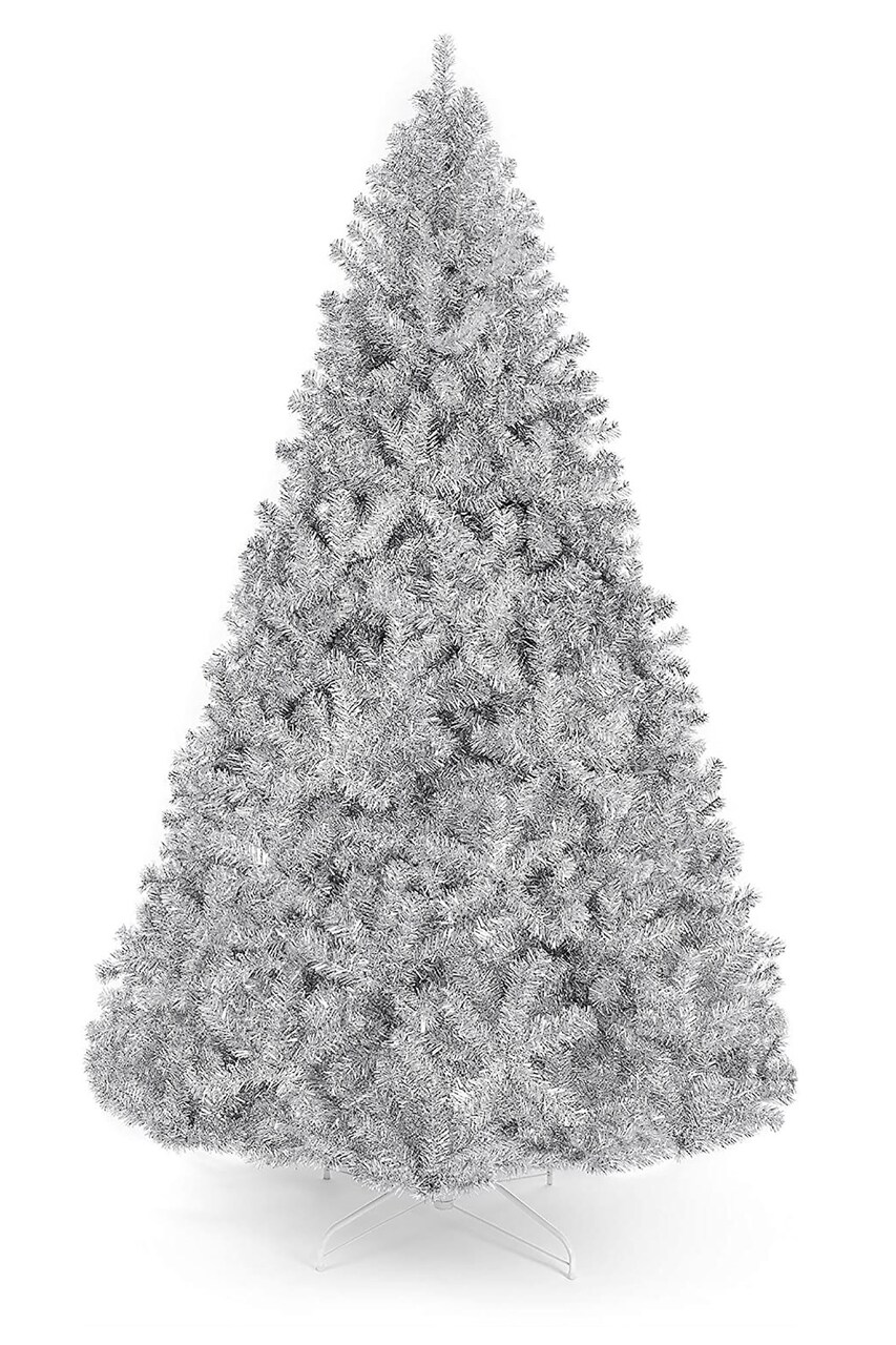 Perfect Holiday Full Bodied Metallic Silver Tinsel Tree with White Stand